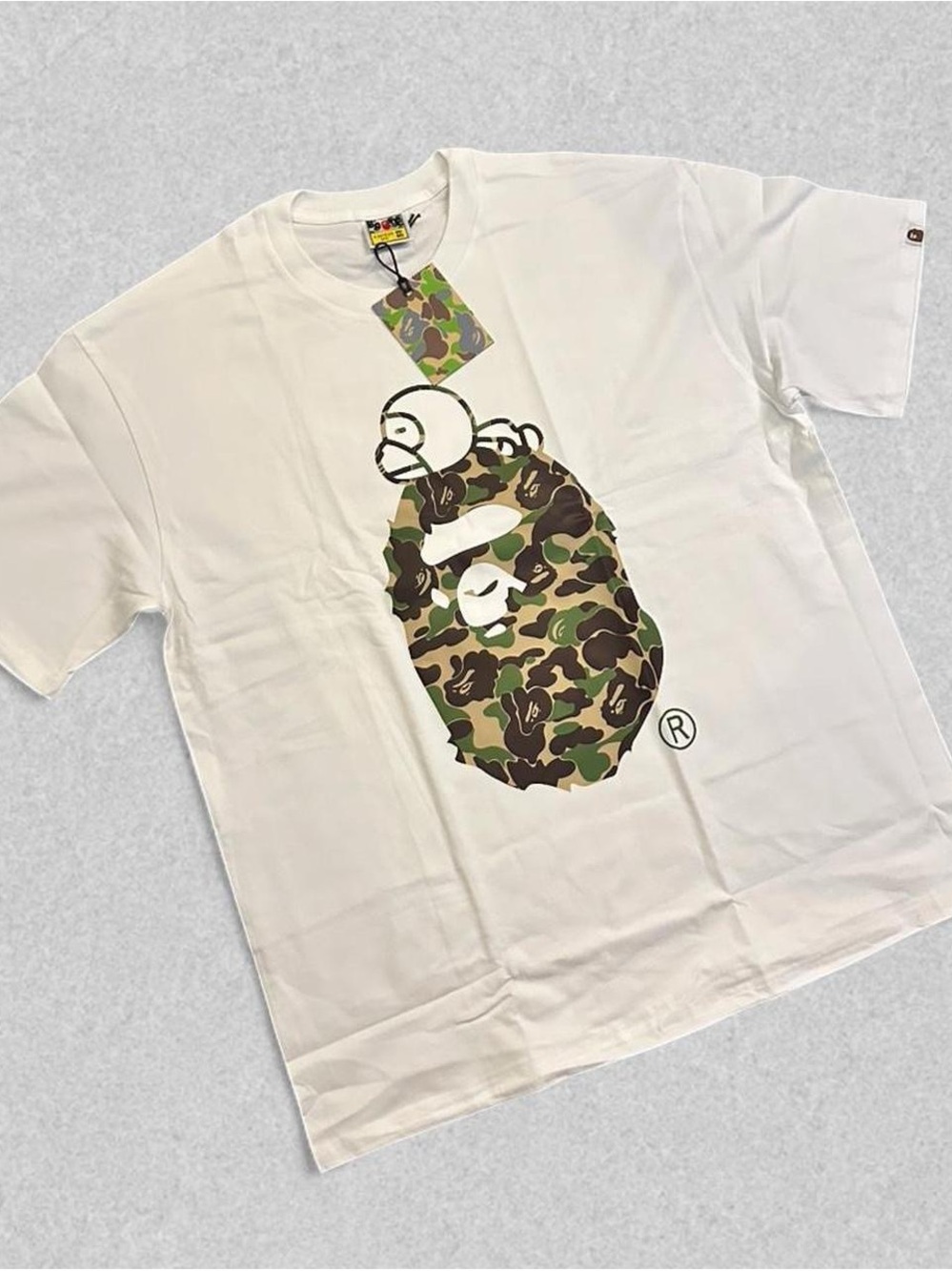 Bape White Tee with Green Brown Camo Ape Head Graphic